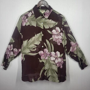 Tommy Bahama Tropical Floral 100% Silk Long Sleeve Sheer Button Down Shirt